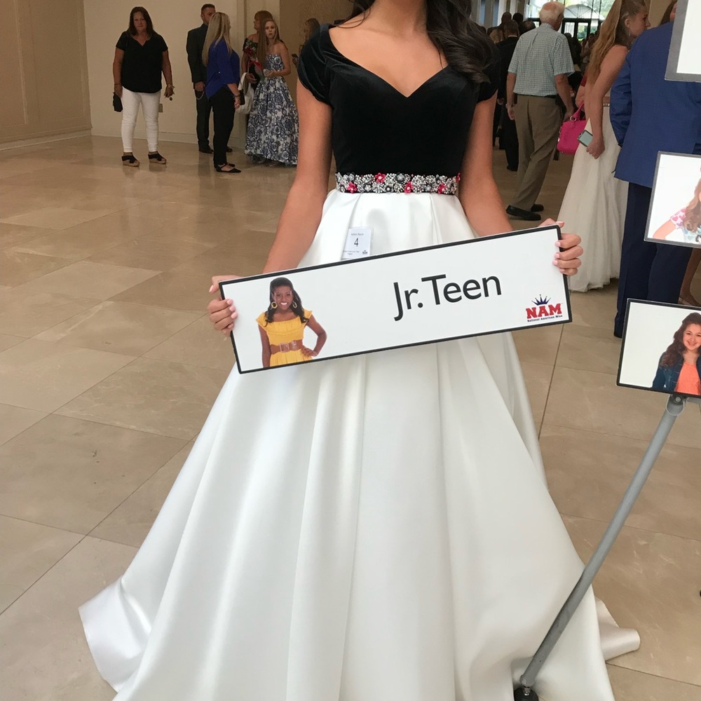 Tiffany Designs Black Velvet and White Satin Prom Dress - Picture 2 of 7